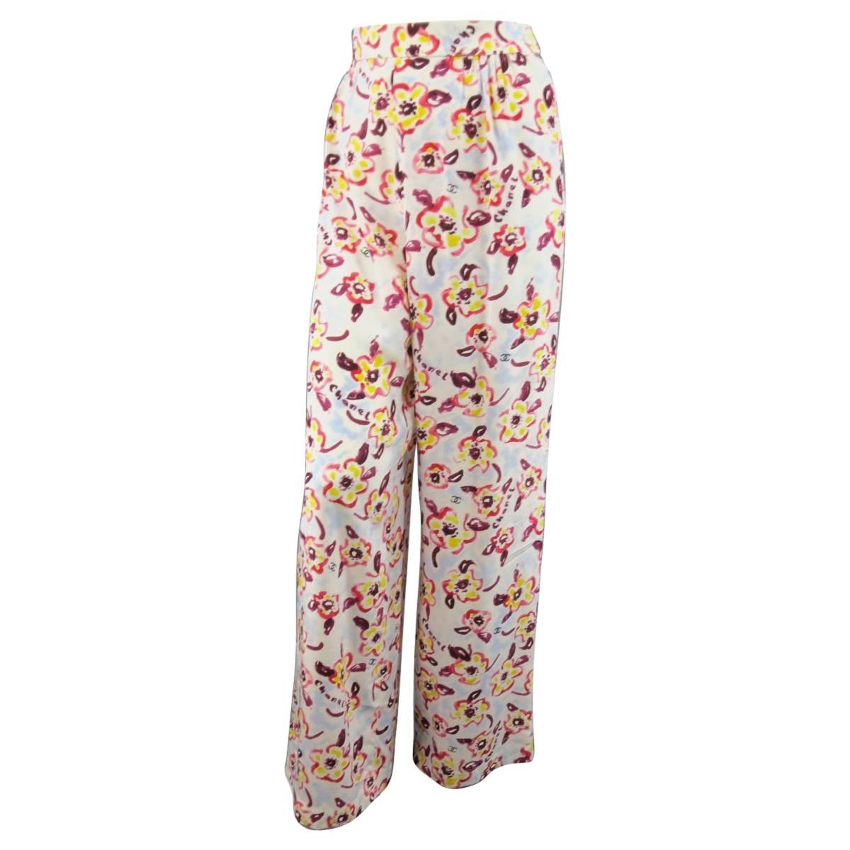 1996 CHANEL Size 8 Light Blue Pink & Yellow Watercolor Floral Wide Leg Pants