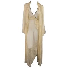 LA PERLA Size 4 Beige & Black Silk Chiffon Collared Robe & Maxi Slip Dress Set