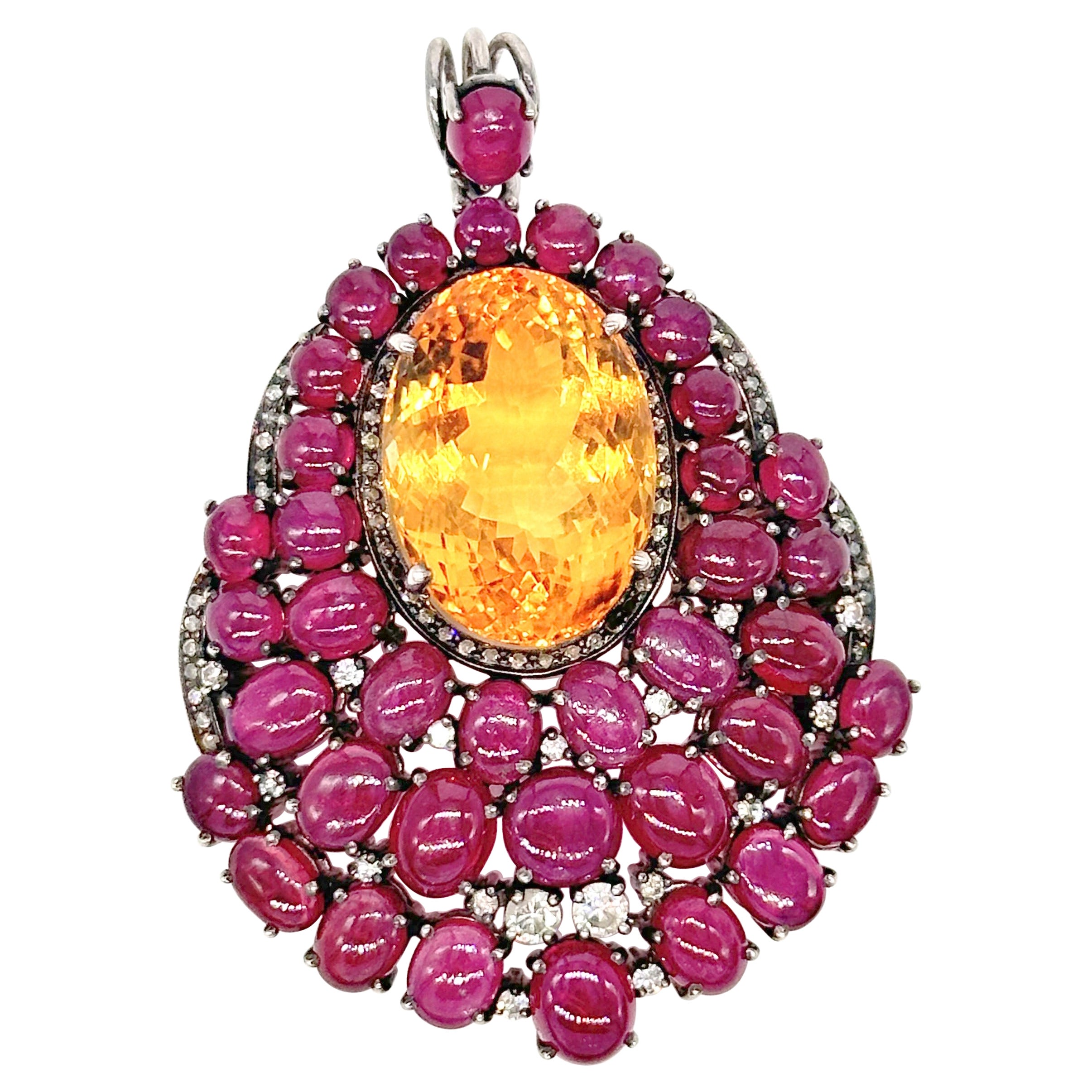 Vintage Statement Cabochon Rubin Citrin Brillantschliff Diamanten Silber Anhänger