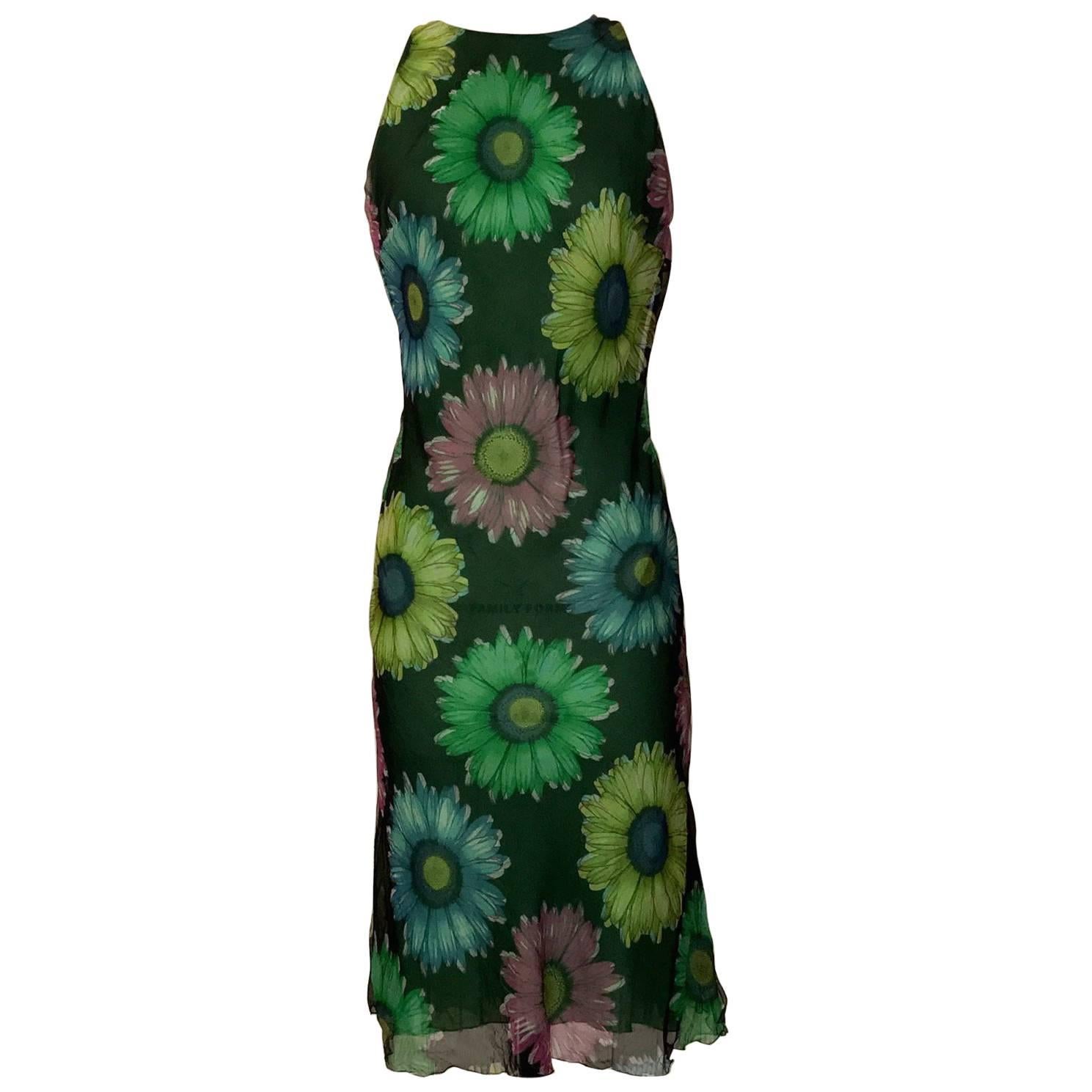 Gianni Versace Couture Green Flower Daisy Fishtail Back Chiffon Dress, 1990s 