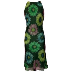 Gianni Versace Couture Green Flower Daisy Fishtail Back Chiffon Dress, 1990s 