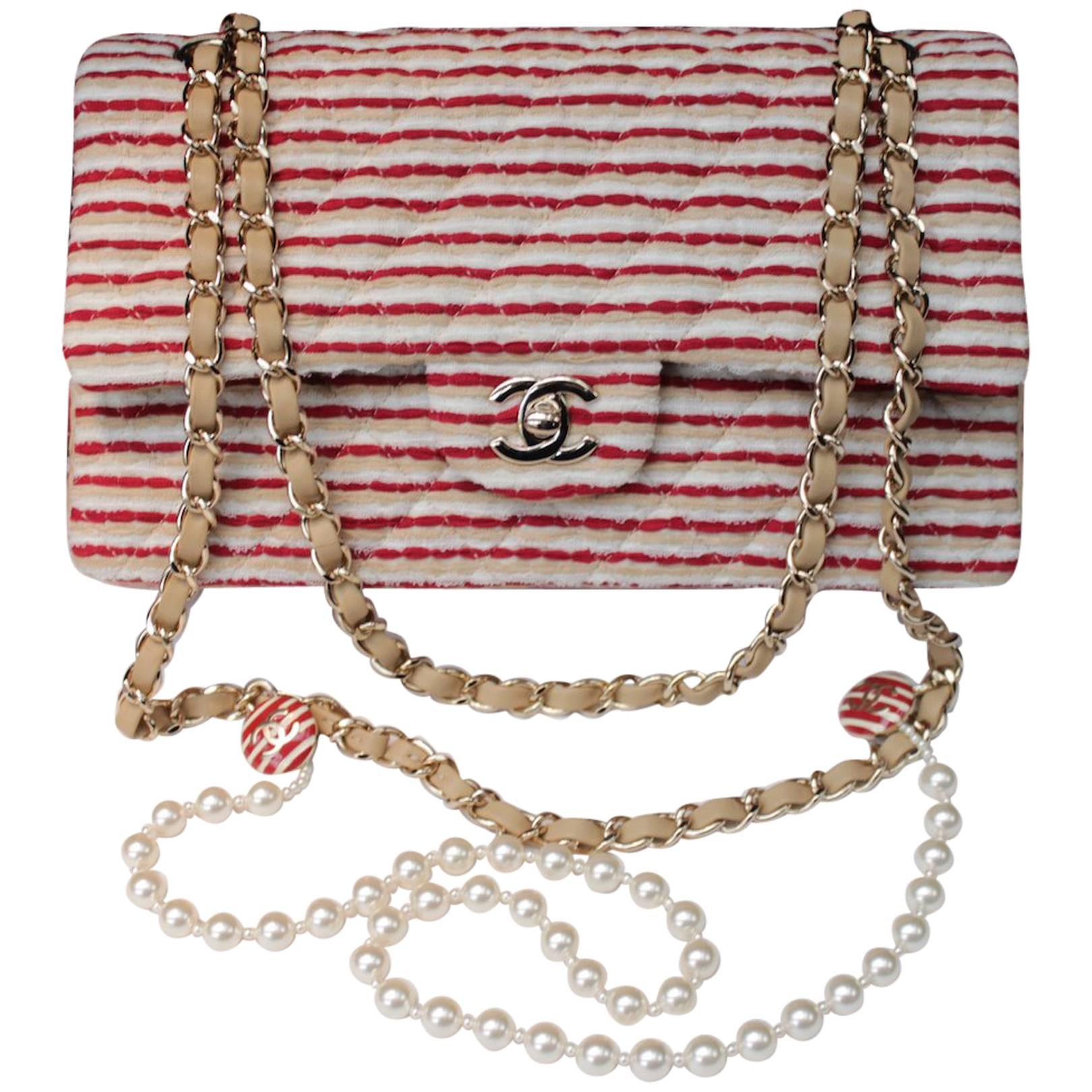 2014 Chanel Timeless White and Red stripes handbag with Faux Pearls Handle For Sale