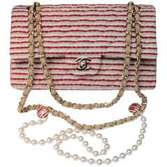 2014 Chanel Timeless White and Red stripes handbag with Faux Pearls Handle