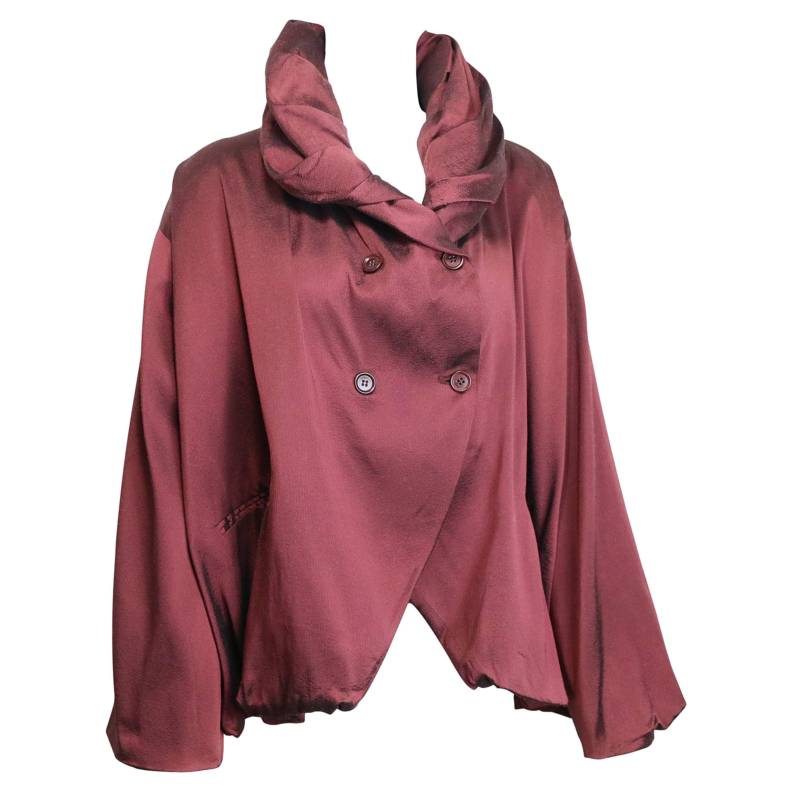 Romeo Gigli Maroon Silk Cocoon Double Breasted Coat 