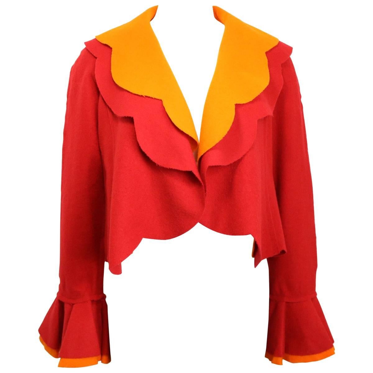 Moschino Couture Red and Orange Wool Cropped Ruffle Jacket  For Sale