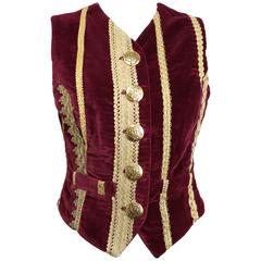 Dolce and Gabbana Maroon Lucia Embroidered Gold Trim Velvet Vest 