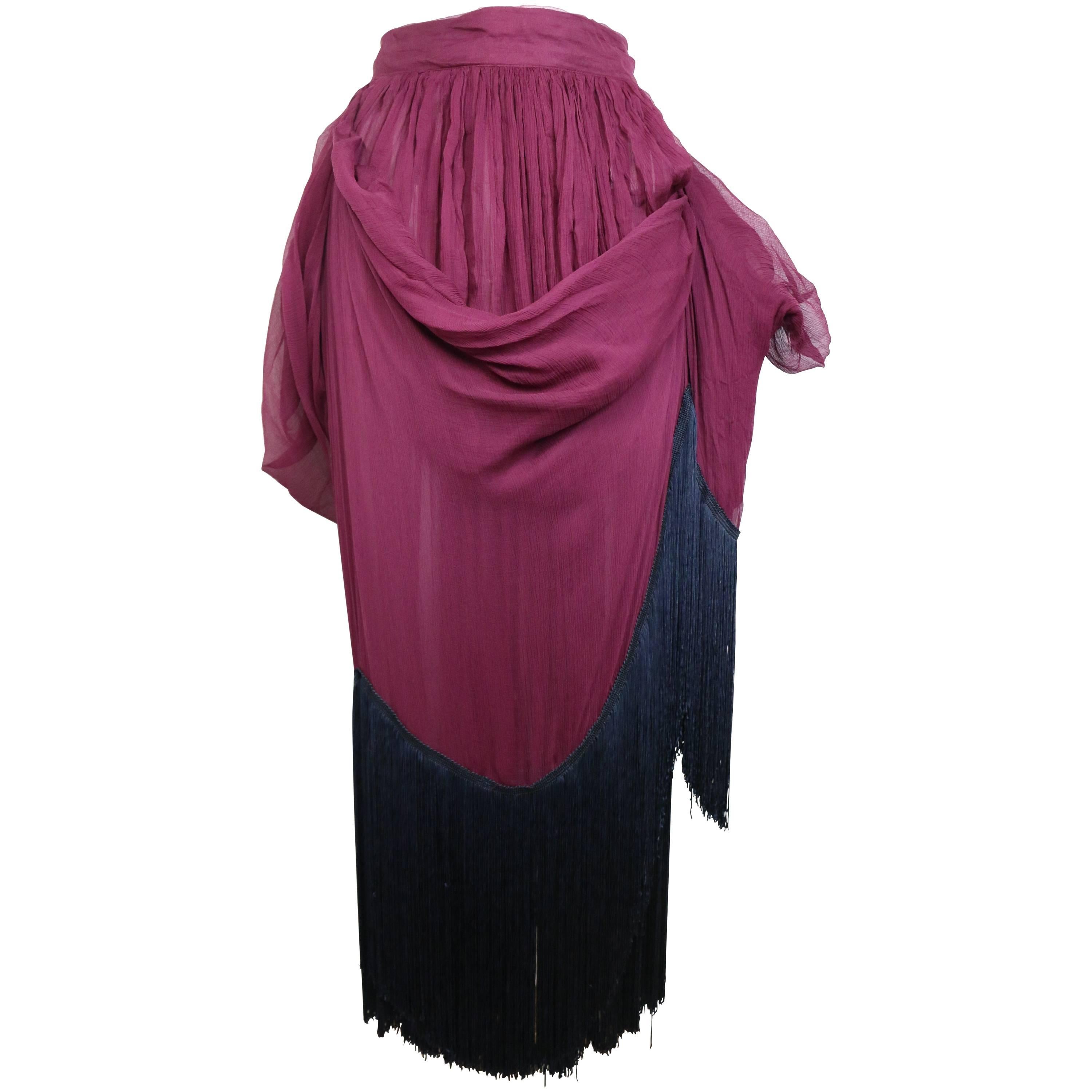 Dolce and Gabbana Maroon Silk Pleated Balloon Fringe Long Skirt  For Sale