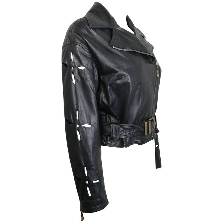 Istante by Gianni Versace Schwarze Biker-Lederjacke mit Gürtel und
