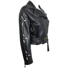 Istante by Gianni Versace Black Leather Biker Belted Jacket with Cutout Sleeves