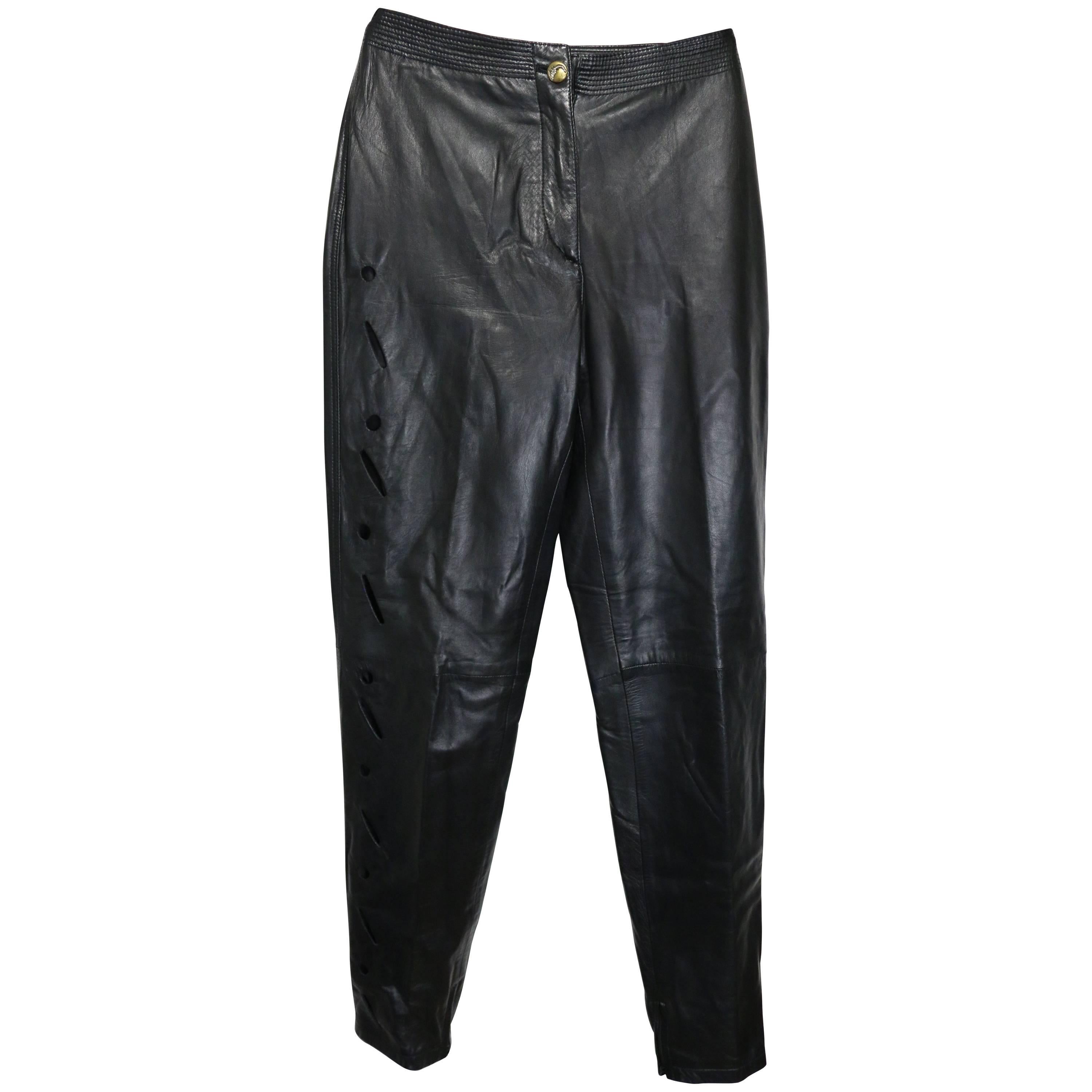 Vintage Istante by Gianni Versace Black Leather with Cutout Pattern Pants