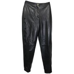 Istante by Gianni Versace Black Leather with Cutout Pattern Pants 1