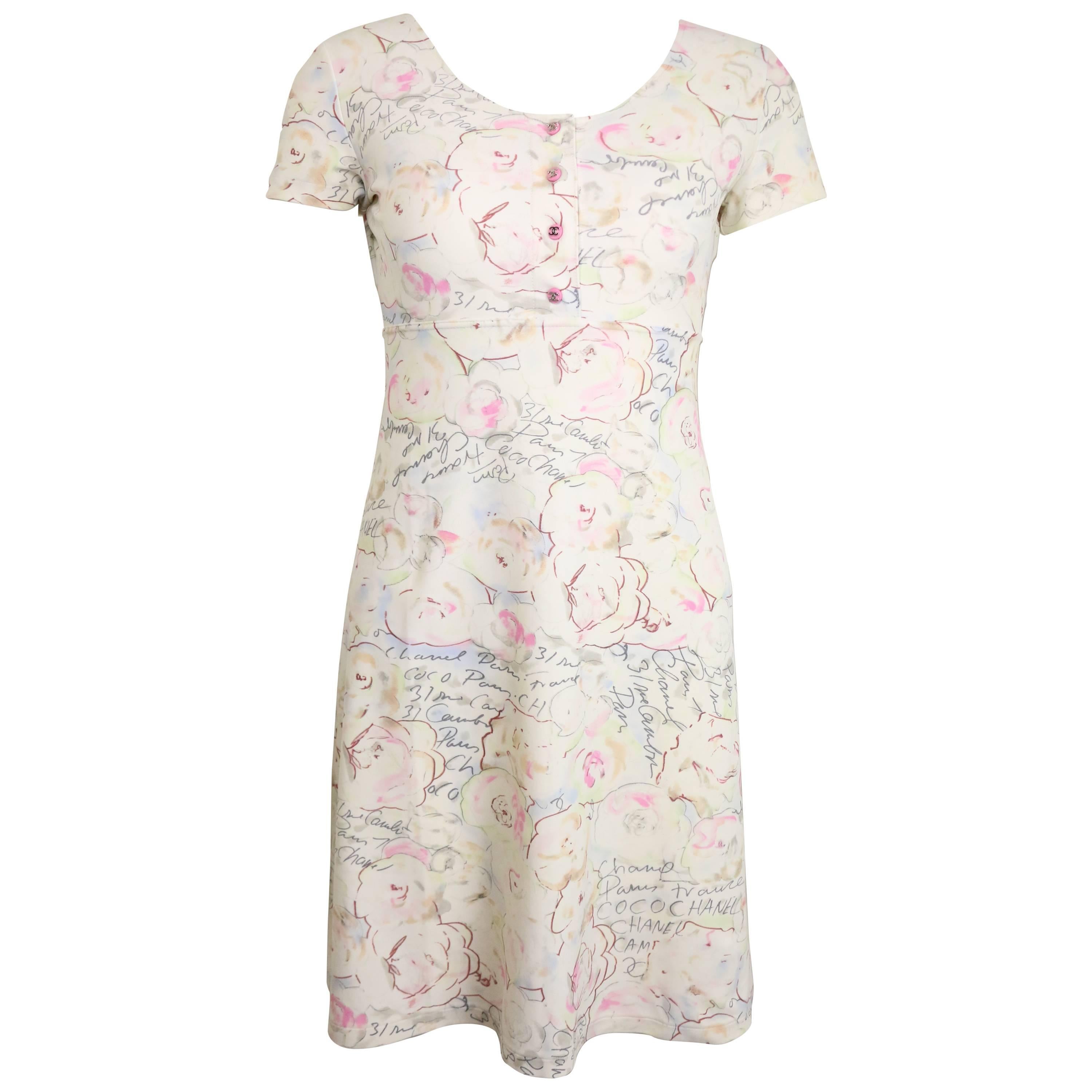 Chanel White Lycra Floral and Coco Chanel Print Short Sleeves Dress 