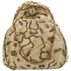 1930s Fench Cream Silk and Gold Metallic Embroidery Art Deco Style Evening Bag