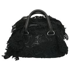 2007s Prada Black Pizzo Lace Covered Leather Bowling Bag 