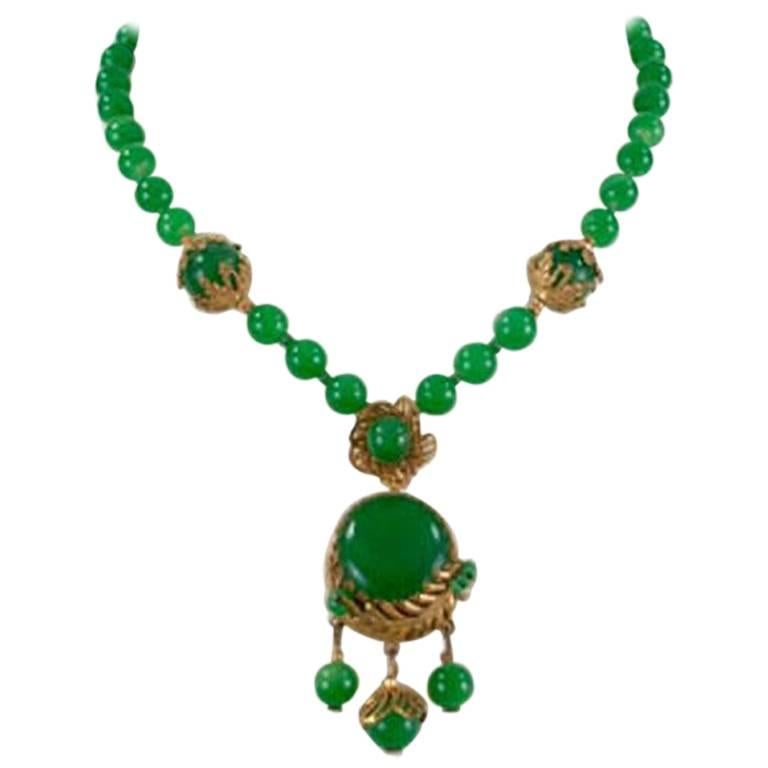 Miriam Haskell signed Green Glass Bead Necklace, 1940s  For Sale