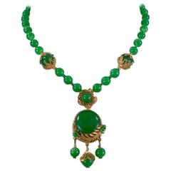 Miriam Haskell signed Green Glass Bead Necklace, 1940s 