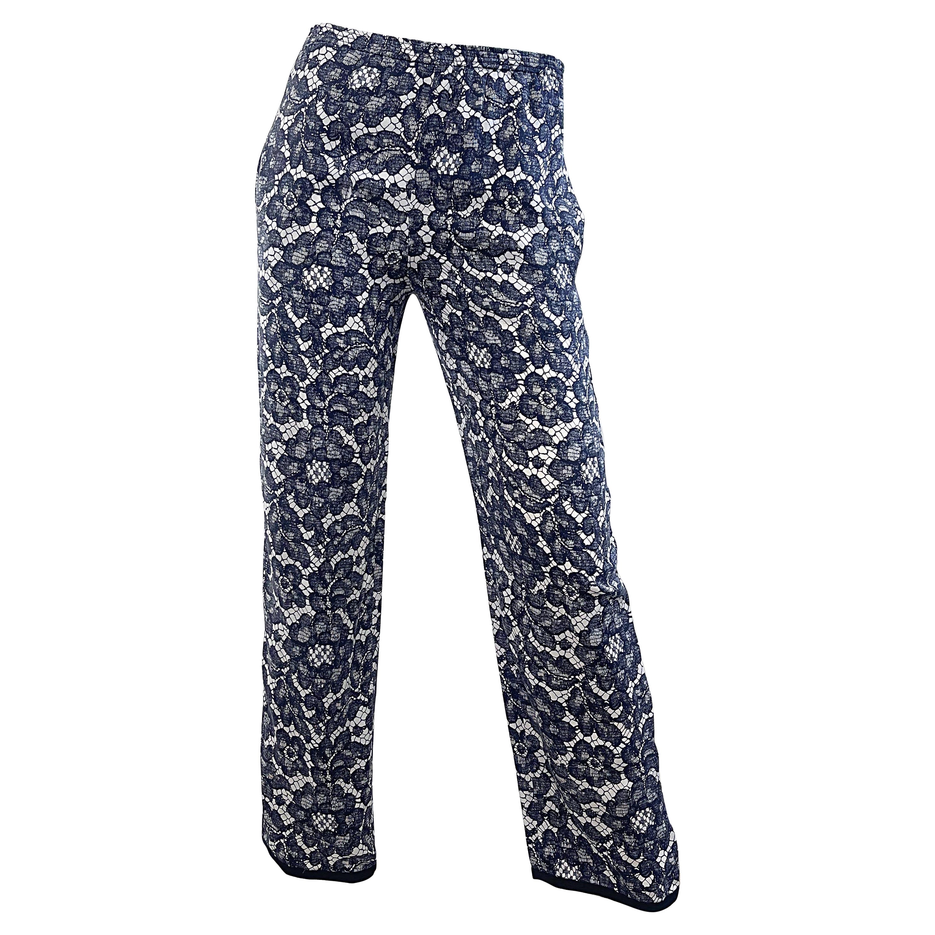 Yves Saint Laurent Fall 1984 Trompe l’oeil Black and White Lace Print Silk Pants For Sale