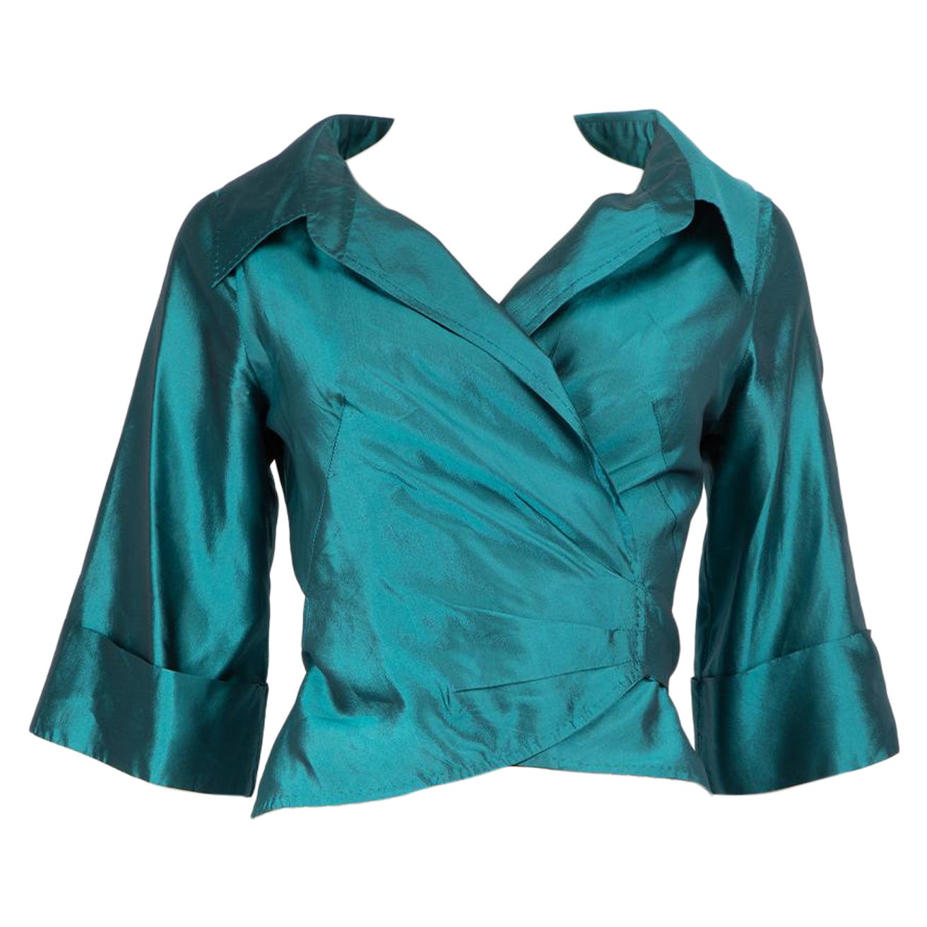 Max Mara Teal Silk Wrap Tie Shirt Size XS For Sale