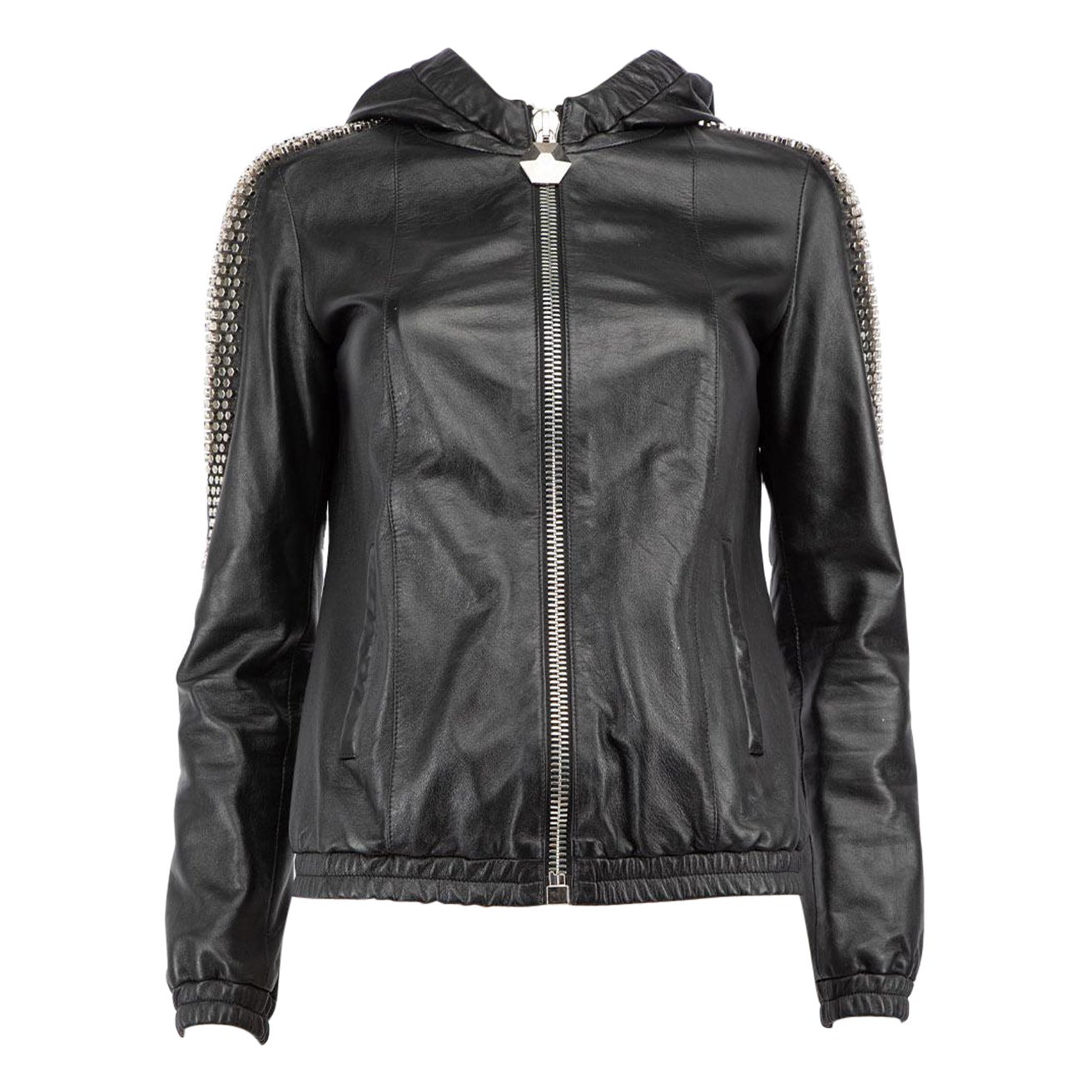 Philipp Plein Black Leather Stud Sleeves Jacket Size S For Sale