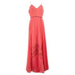 Badgley Mischka Maxi Vestido Plisado de Encaje Rosa Talla L