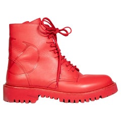 Valentino Garavani Red Leather Logo Embossed Combat Boots Size IT 38.5