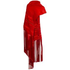 Escada Rapturous Red Velvet Silk and Lace Fringed Wrap With Clear Crystals 3
