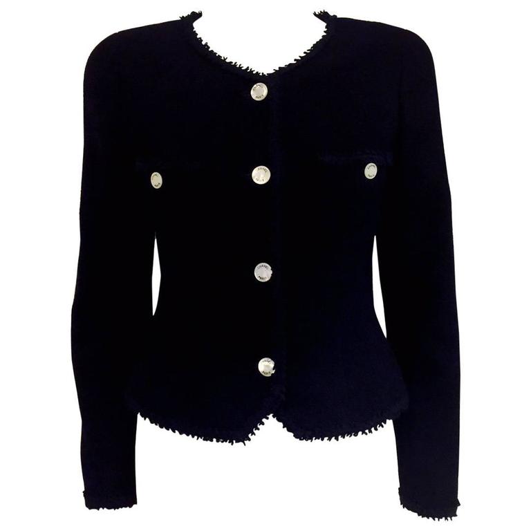 Chanel Boutique Black Wool Boucle Jacket W Signature Mother of Pearl Buttons  at 1stDibs