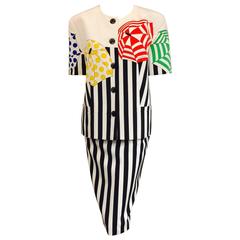 Vintage Louis Feraud Striped Spring Short Sleeve Skirt Suit 
