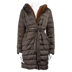 Used Max Mara Khaki Fur Trim Quilted Reversible Coat Size M