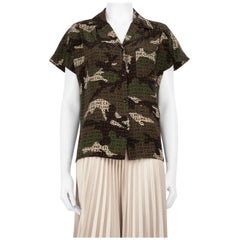 Céline Khaki Camo & Logo Print Silk Blouse Size S