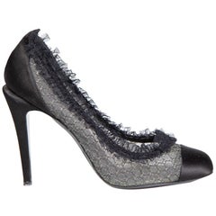 Chanel Black Ruffle Trimmed Cap-Toe Pumps Size IT 42