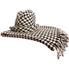 Adolfo Houndstooth Wool Fedora Hat + Fringed Scarf Ensemble 2-Piece Set 1980s 11