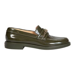 Chanel Khaki Patent Leather Logo Chain Loafers Size IT 37.5