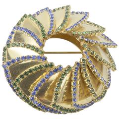 William deLillo Circular Gold Tone Colored Stones Brooch Pin 4