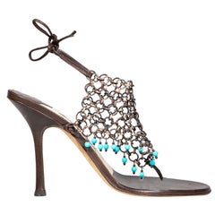 Jimmy Choo Brown Leather Chain Mail Detail Sandals Size IT 39