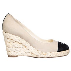 Chanel Beige Suede CC Cap-Toe Wedge Pumps Size IT 42