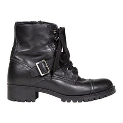 Prada Black Leather Buckle Detail Combat Boots Size IT 38