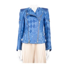 Balmain Blue Woven Pattern Biker Jacket Size M