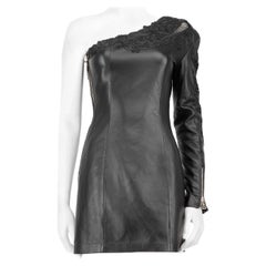 Balmain Black Leather Lace Trim One-Shoulder Mini Dress Size S
