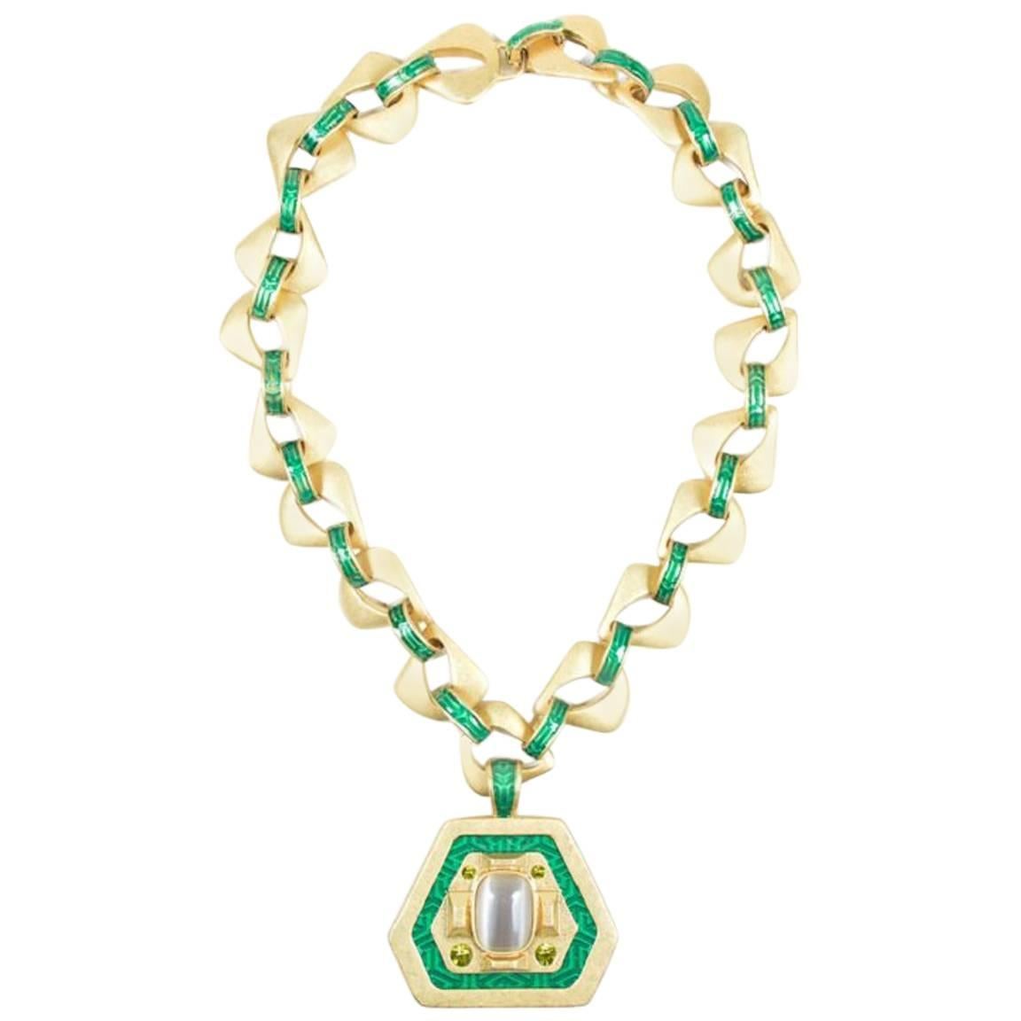 Vintage Gold Tone Green Enamel Crystal Stone Geometric Pendant Chain Necklace For Sale