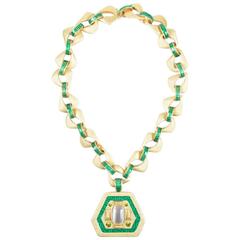 Vintage Gold Tone Green Enamel Crystal Stone Geometric Pendant Chain Necklace