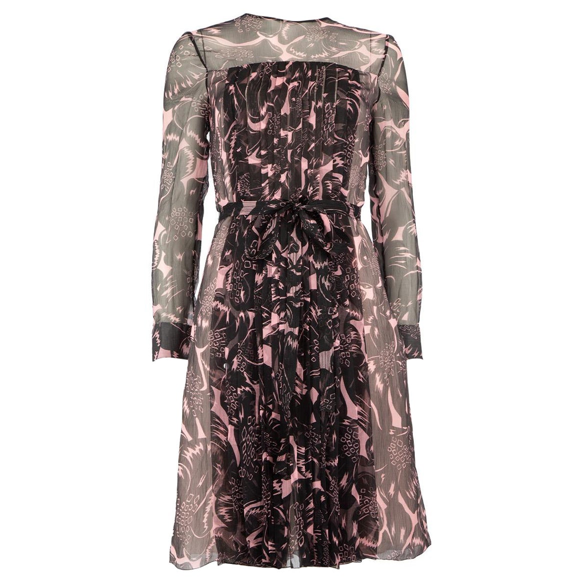 Prada Vestido abstracto de seda con cinturón hasta la rodilla Talla XS en venta