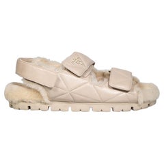 Prada Ecru Leather Logo Shearling Lined Sandals Size IT 40