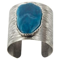 Chunky Wide Silver Tone Cuff Bracelet Centered with Faux Turqoise Stone 8