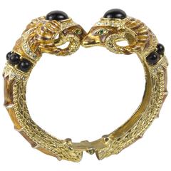 Vintage Double Ram's Head Gold Tone Clamper Bracelet 11