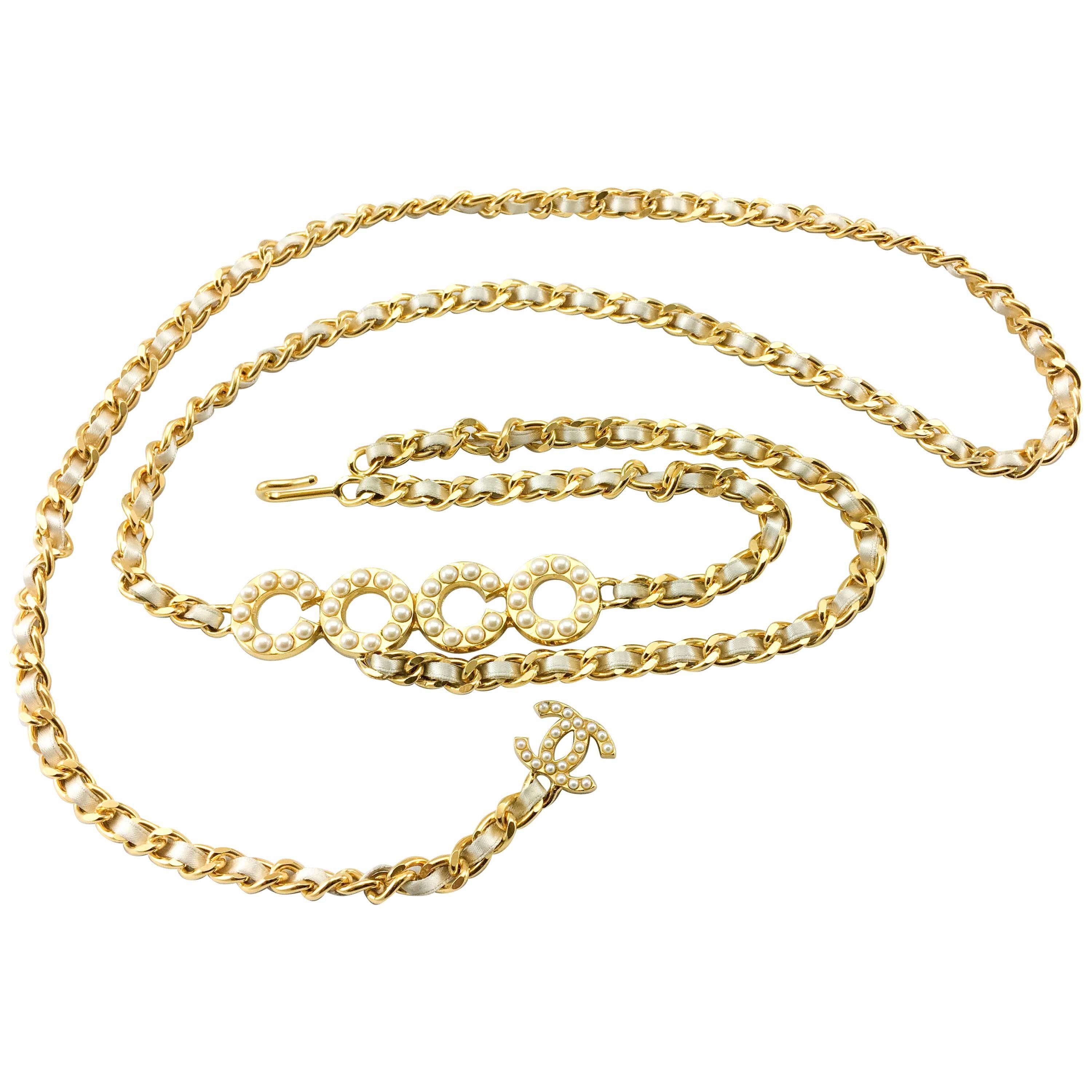 Chanel Gold-Tone Woven Chain and Faux Pearl 'Coco' Belt / Necklace - 2001