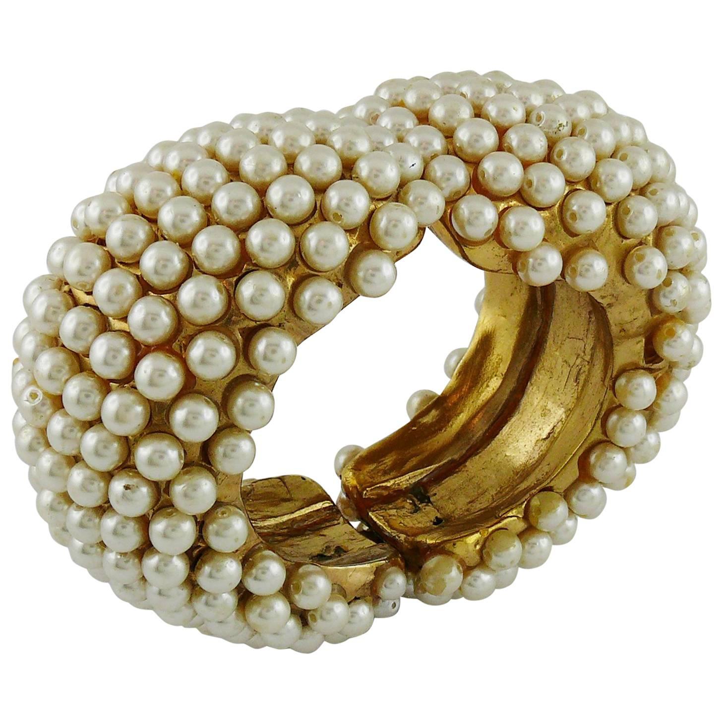 Alexis Lahellec Vintage 1980s Massive Gold Toned Pearl Clamper Cuff Bracelet  For Sale