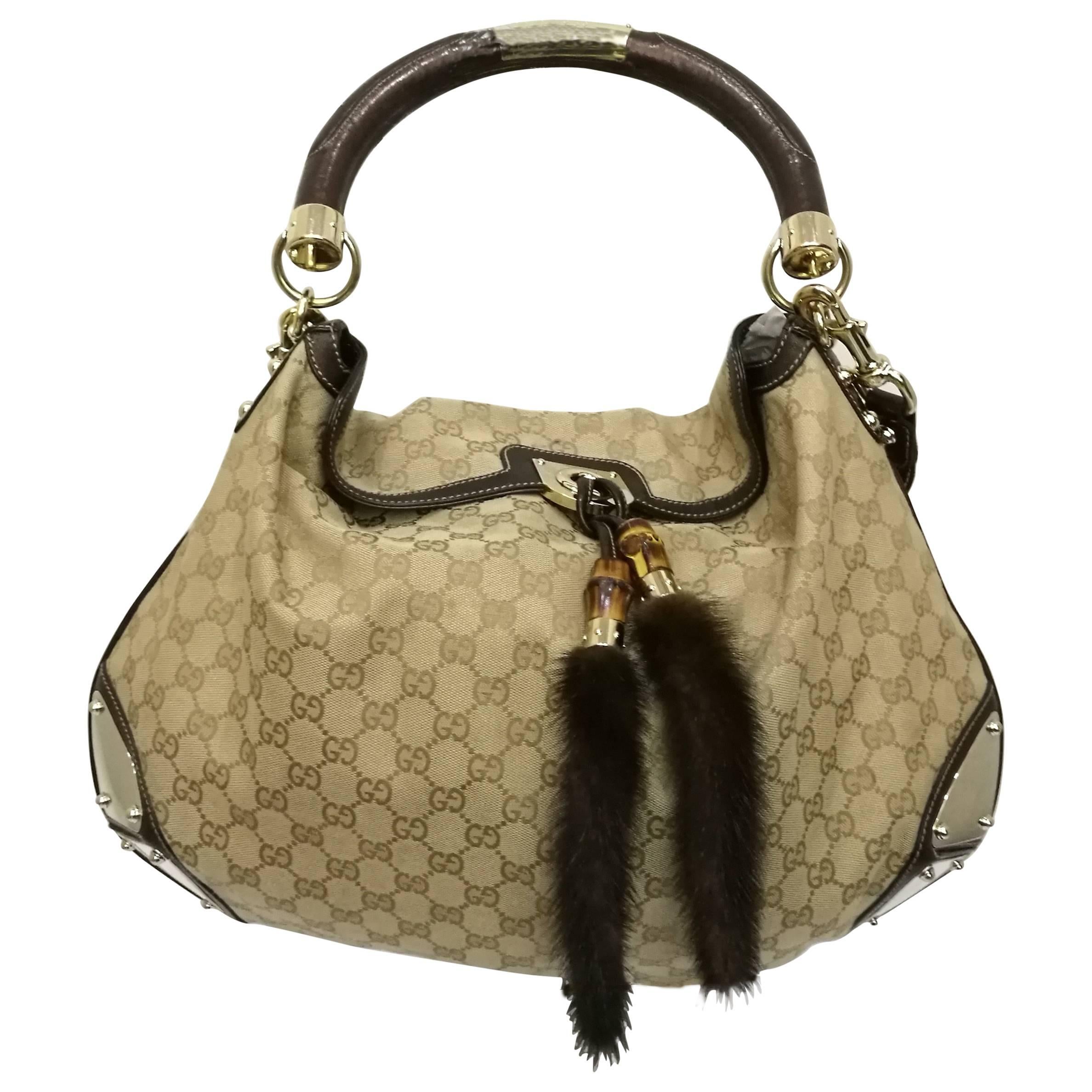 GUCCI Monogram Mink Indy Top Handle Bag Metallic