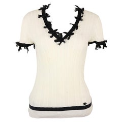 Chanel Black Lace Ribbon Trimmed White Cotton V-Neck Top