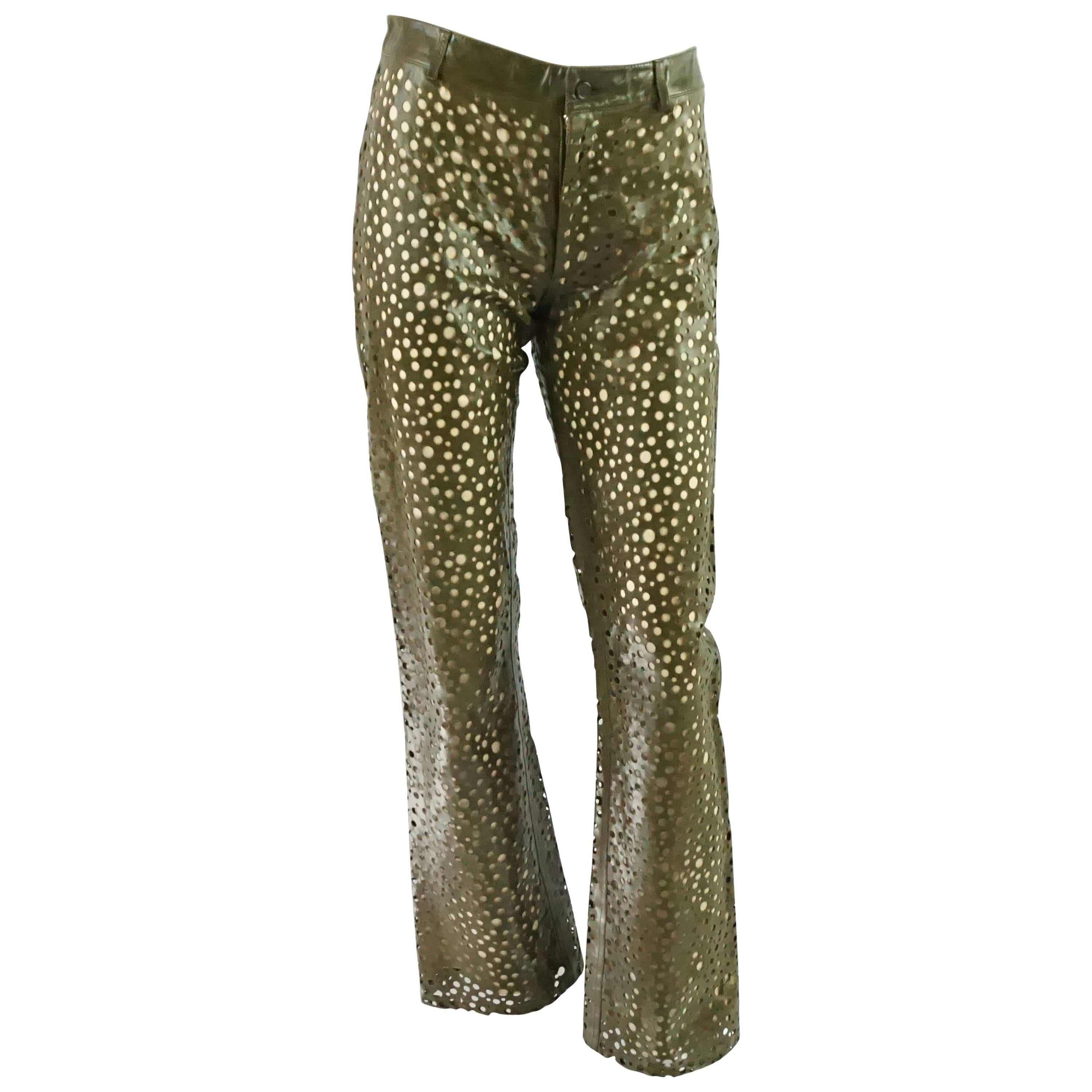 YSL Rive Gauche Olive Perforated Leather Pants - S